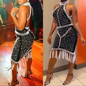Sexy black pearls open back  club dress
